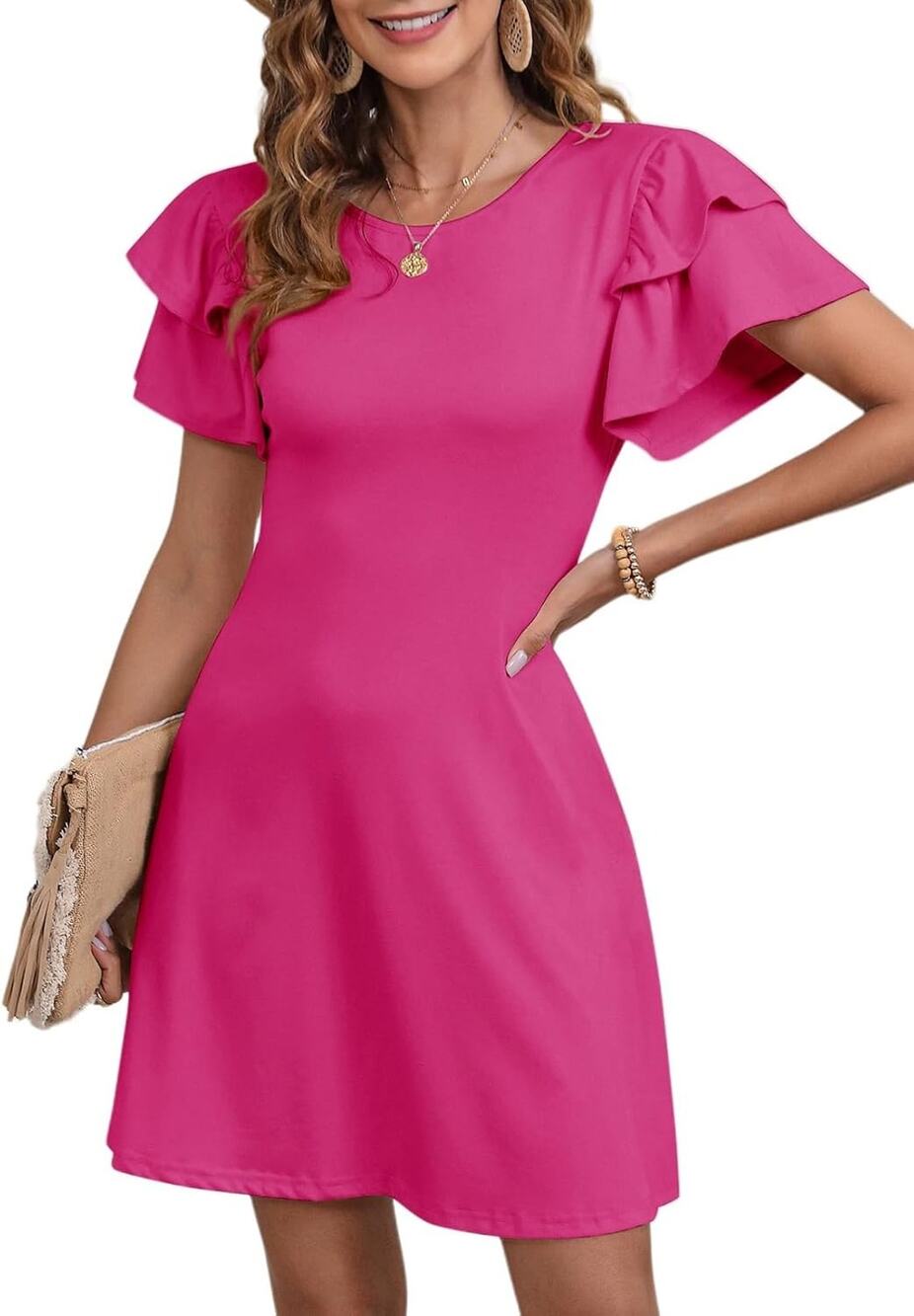 Dokotoo Women Ruffle Sleeve Casual Beach Mini Dress Rose Red M New